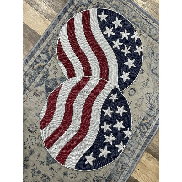 2 Storehouse Beaded American Flag Round Placemats Chargers July 4th - Picture 2 of 2